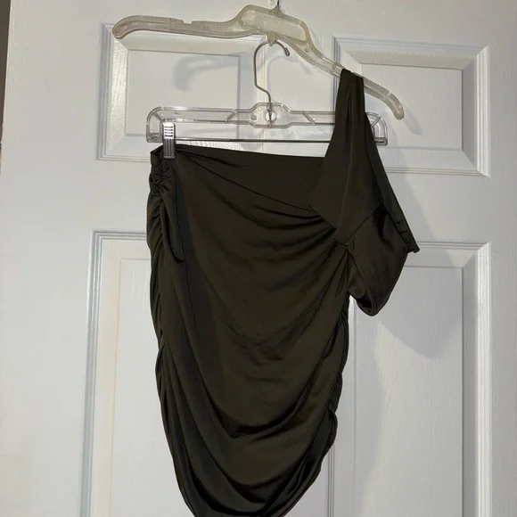 Olive Green One Shoulder Sleeveless Cutout Ruched Bodycon Mini Club Dress - XL 💚 - Picture 6 of 12